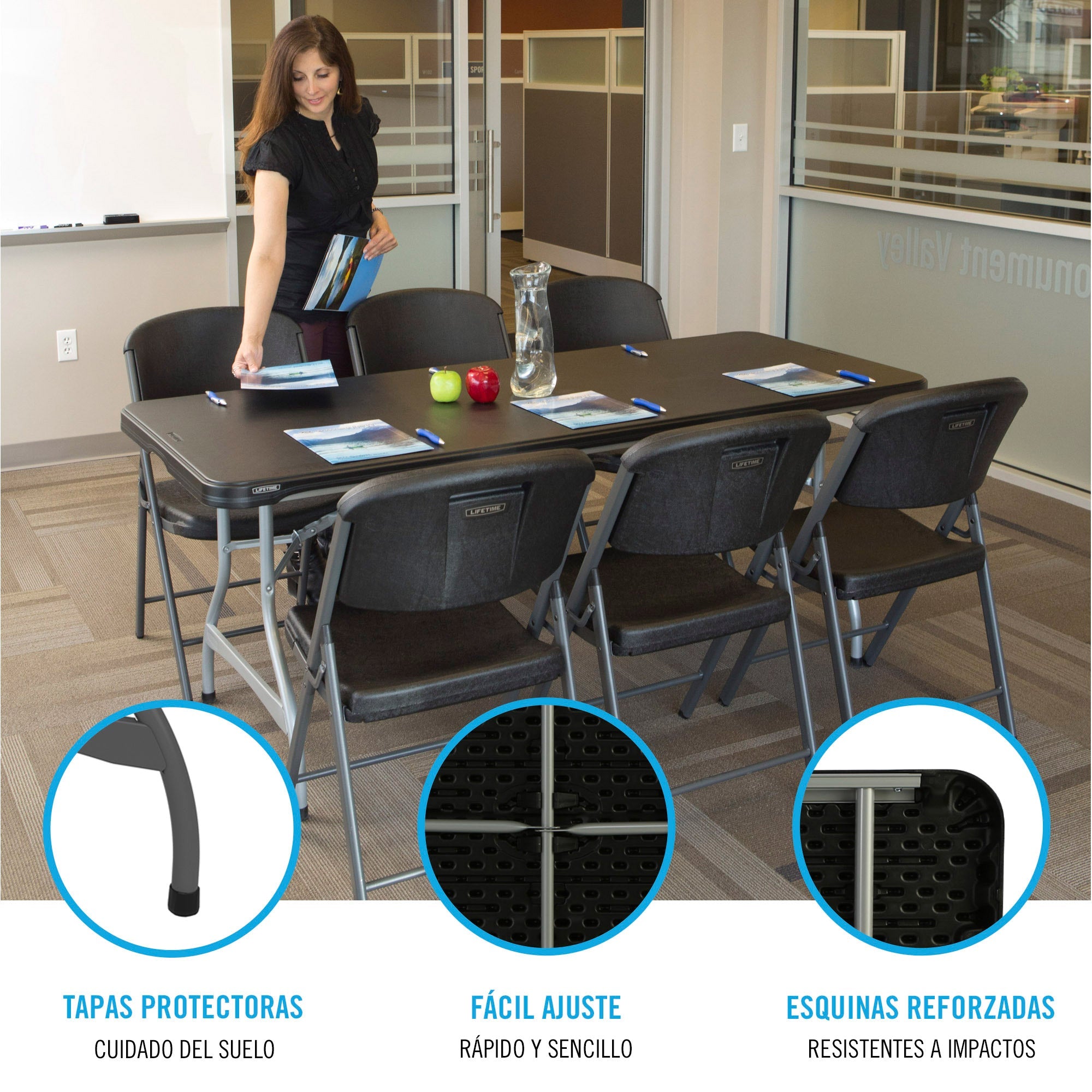 Pack mesa plegable 182x76 cm + 6 sillas plegables color negro - Lifetime