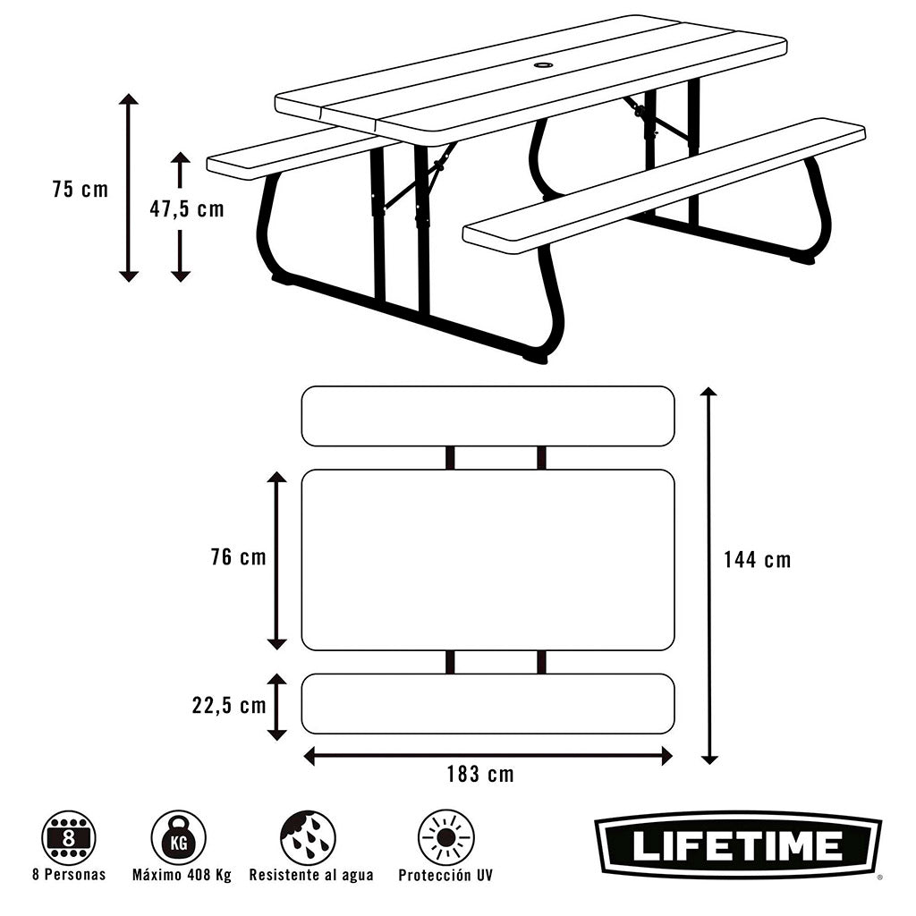 Mesa picnic plegable gris - 183 x 76 x 75 cm - 92405 - Lifetime