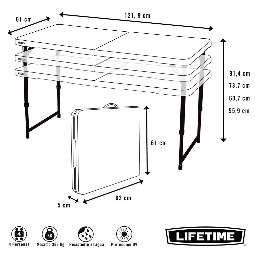 Mesa plegable ajustable en altura blanco - 122 x 61 x 56-91 cm - 92100 - Lifetime