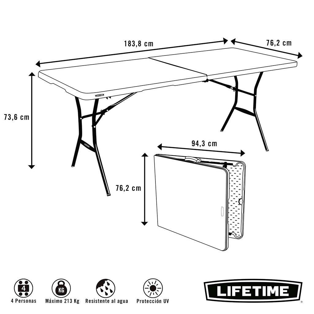 Mesa rectangular plegable blanco - 184 x 76 x 73,5 cm - 92105 - Lifetime